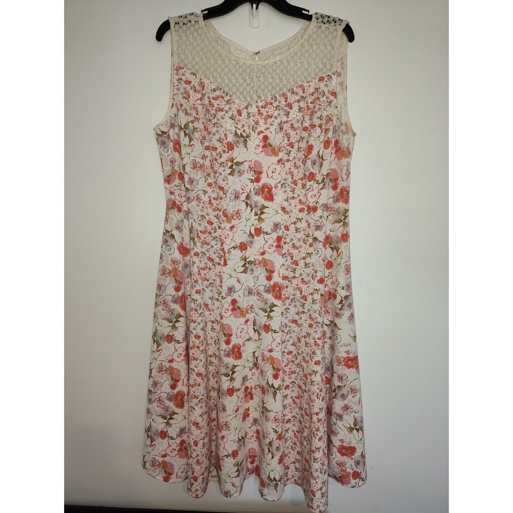 Gabby Skye Womens 16W Floral Crochet Lace Yoke Fit Flare Dress Pink Orange New